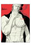  1boy absurdres bandaged_chest bara benn_beckman border character_name cigarette dated earrings greyscale_with_colored_background hair_slicked_back highres holding holding_cigarette jacket jacket_on_shoulders jewelry long_hair looking_at_viewer male_focus momoh_jiyucho muscular muscular_male navel one_piece outside_border pants red_background scar scar_on_arm smoking solo topless_male upper_body white_border 