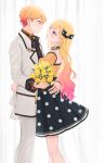 1boy 1girl 2_(tsvf3235) blonde_hair blush bouquet bow choker closed_mouth coat collared_shirt commentary flower gradient_hair hair_between_eyes hair_bow hands_on_another&#039;s_waist highres holding holding_bouquet jacket long_hair long_sleeves multicolored_hair official_alternate_costume official_alternate_hairstyle open_mouth orange_eyes orange_hair orange_shirt pink_hair polka_dot polka_dot_skirt project_sekai shirt short_hair skirt smile symbol-only_commentary tenma_saki tenma_tsukasa yellow_eyes 