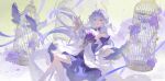  1girl aqua_eyes bare_shoulders bird birdcage bracelet breasts cage cleavage detached_sleeves dress facial_mark gloves hair_between_eyes halo head_wings highres holding holding_staff honkai:_star_rail honkai_(series) jewelry long_hair open_mouth purple_dress purple_hair robin_(honkai:_star_rail) short_sleeves shuang_wu sitting smile solo staff teeth two-tone_dress upper_teeth_only white_dress white_gloves white_wings wings 