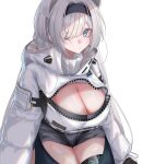  1girl absurdres animal_ears arknights aurora_(arknights) bear_ears bear_girl black_hairband blue_eyes blush breasts cleavage closed_mouth commentary_request cropped_hoodie eyes_visible_through_hair grey_shorts hair_over_one_eye hairband highres hood hood_down hoodie large_breasts long_hair long_sleeves looking_at_viewer puffy_long_sleeves puffy_sleeves short_shorts shorts simple_background sitting solo sonna_watashi thighs white_background white_hair white_hoodie 