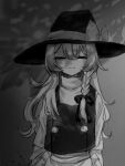  1girl :3 bow braid closed_mouth dress greyscale hair_between_eyes hair_bow hair_ornament half-closed_eyes hat hat_bow highres karasu2020_8 kirisame_marisa long_hair looking_at_viewer monochrome single_braid smile touhou vest witch_hat 