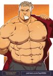  1boy abs absurdres artist_name bara belt biceps brown_hair coat denim feet_out_of_frame highres huge_pectorals jeans male_focus manly mature_male multicolored_hair muscular muscular_male napkin nipples one_eye_closed pants patreon_username pectorals plump pokemon pokemon_rgby samuel_oak simple_background smile solo thick_arms thick_eyebrows topi_(topi5356) upper_body white_background white_hair yellow_background 