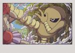  2boys black_sclera blocking border boxing_gloves colored_sclera dust evolutionary_line forest grey_border highres hitmonchan hitmonlee kicking male_focus multiple_boys nature onamuzi_illust pokemon pokemon_(creature) tree 