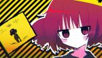  1girl abj3_0 closed_mouth drill_hair kasane_teto looking_at_viewer outline purple_eyes red_eyes red_hair sign solo striped_background twin_drills twitter_username utau watermark white_outline yellow_background 