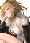  1girl animal_ears arknights black_choker black_jacket black_nails breasts brown_eyes brown_hair choker cleavage closed_mouth commentary_request cropped_legs fingernails fur-trimmed_jacket fur_trim head_rest highres io_(io_oekaki) jacket large_breasts lion_ears lion_girl long_hair looking_at_viewer nail_polish open_clothes open_jacket ponytail siege_(arknights) simple_background single_bare_shoulder solo studded_choker tank_top thighs white_background white_tank_top 