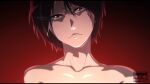  1boy aged_down bare_shoulders black_hair bleach bleach:_sennen_kessen-hen brown_eyes close-up collarbone commentary_request hair_between_eyes head_tilt highres looking_at_viewer no_eyebrows nose ovasayuri parted_lips red_background short_hair simple_background solo straight-on tsurime twitter_username yhwach 