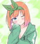  1girl ;) blue_eyes blush breasts cleavage closed_mouth collarbone commentary_request drawstring eyebrows_hidden_by_hair go-toubun_no_hanayome green_background green_hoodie green_ribbon hair_ribbon hand_up hood hood_down hoodie kujou_karasuma long_sleeves looking_at_viewer medium_breasts nakano_yotsuba one_eye_closed orange_hair puffy_long_sleeves puffy_sleeves ribbon sleeves_past_wrists smile solo upper_body 