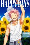  1boy amainu arm_up armpits badge bandaid bandaid_on_face button_badge closed_eyes cloud cloudy_sky field flower flower_field happy_birthday highres idolmaster idolmaster_side-m kabuto_daigo male_focus pink_hair sky smile solo sunflower sunflower_field tank_top white_tank_top 