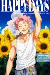  1boy amainu arm_up armpits badge button_badge closed_eyes cloud cloudy_sky field flower flower_field happy_birthday highres idolmaster idolmaster_side-m kabuto_daigo male_focus pink_hair sky smile solo sunflower sunflower_field tank_top white_tank_top 