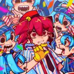  5girls :d @_@ black_eyes black_necktie blue_hair blush clenched_teeth clone clone_harem confetti drill_hair gloves hands_up hat hatsune_miku highres kasane_teto long_hair meme mesmerizer_(vocaloid) multiple_girls necktie open_mouth pink_eyes pink_hair red_hat scared sharp_teeth shirayuki_banana shirt sidelocks smile striped_clothes striped_shirt suspenders sweat teeth tongue tongue_out twin_drills twintails utau very_long_hair vocaloid yellow_gloves 