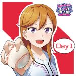  1girl 2024 ball barkhorn0331 baseball baseball_(object) baseball_jersey blue_shirt collarbone commentary_request copyright_name english_text hair_between_eyes highres holding holding_ball jersey looking_at_viewer love_live! love_live!_superstar!! medium_hair open_mouth orange_hair outline portrait purple_eyes shibuya_kanon shirt solo speech_bubble teeth upper_body upper_teeth_only white_outline 