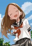  1girl absurdres blue_sky blush brown_eyes brown_hair closed_eyes cloud forehead highres karakai_jouzu_no_takagi-san long_hair neckerchief open_mouth parted_bangs sailor_collar school_uniform serafuku shirt simple_background skirt sky smile solo takagi-san white_shirt yamamoto_souichirou 