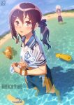  1boy 1girl :d afloat aoi_sora_(pairan) arms_up ball bare_legs barefoot beach beachball black_hair blue_ribbon blue_shorts blue_sky brother_and_sister brown_eyes caustics collared_shirt day dog dutch_angle gym_uniform hair_ornament hair_ribbon hairclip highres holding holding_ball low_twintails male_swimwear midriff_peek ocean open_mouth original outdoors pairan purple_hair ribbon sandals see-through shirt short_hair short_sleeves shorts siblings sky smile solo_focus standing summer sweatband swim_trunks topless_male twintails unworn_sandals wading water water_drop wet wet_clothes wet_hair wet_shirt white_shirt wing_collar wringing_clothes 
