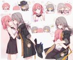  !? 2girls ? asta_(honkai:_star_rail) bare_shoulders black_hat black_jacket black_skirt blue_eyes chibi closed_mouth duplicate grey_hair hand_on_another&#039;s_face hat highres holding holding_clothes holding_hat honkai:_star_rail honkai_(series) hug jacket looking_at_another looking_at_viewer medium_hair multiple_girls multiple_views open_clothes open_jacket parted_lips pink_hair pout shirt simple_background skirt sleeves_rolled_up smile stelle_(honkai:_star_rail) trailblazer_(honkai:_star_rail) white_shirt yajuu yellow_eyes yuri 