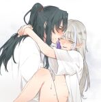  2boys archer_(fate/samurai_remnant) arms_around_neck blush carrying carrying_person fate/samurai_remnant fate_(series) green_hair grey_hair high_ponytail keclpshvli licking lifting_person long_hair male_focus multicolored_hair multiple_boys partially_undressed ponytail sex shirt streaked_hair sweat tassel tongue tongue_out white_background white_hair white_shirt yaoi yellow_eyes zheng_chenggong_(fate) 