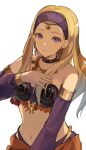  1girl bare_shoulders blonde_hair closed_mouth commentary_request detached_sleeves dragon_quest dragon_quest_xi hairband highres jewelry long_hair looking_at_viewer navel neck_ring purple_eyes purple_hairband purple_sleeves ryo_09 senya_(dq11) simple_background smile solo white_background 