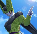  1boy blue_sky cell_(dragon_ball) cloud commentary_request dragon_ball dragon_ball_z highres lens_flare male_focus perfect_cell pink_eyes sky smile solo takumi1230g upper_body 