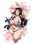  1girl bikini breasts cherry_blossoms curly_eyebrows devil_fruit_power extra_arms eyewear_on_head grabbing_own_breast high_heels kukumomo large_breasts looking_at_viewer nico_robin one_piece simple_background solo sunglasses swimsuit 