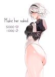  1girl 2b_(nier:automata) absurdres ass bare_legs black_blindfold black_gloves black_hairband black_leotard blindfold blush breasts cowboy_shot english_commentary english_text facing_to_the_side feather-trimmed_sleeves from_side gloves hairband hands_on_own_chest highleg highleg_leotard highres juliet_sleeves large_breasts leotard long_sleeves machulanko meme nier:automata nier_(series) parted_lips puffy_sleeves short_hair short_sleeves simple_background sleeved_leotard solo standing thighs twitter_strip_game_(meme) two-tone_leotard white_background white_hair white_leotard 