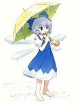  1girl barefoot blue_bow blue_dress blue_eyes blue_hair blush_stickers bow cirno collared_shirt commission dress grass hair_bow highres holding holding_umbrella ice ice_wings looking_to_the_side making-of_available neck_ribbon nendo23 pinafore_dress puffy_short_sleeves puffy_sleeves red_ribbon request_inset ribbon shirt short_hair short_sleeves simple_background sleeveless sleeveless_dress smile solo touhou umbrella water_drop white_background white_shirt wings 