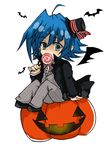  bat blue_eyes blue_hair candy cardfight!!_vanguard halloween male male_focus pumpkin sendou_aichi solo 