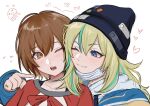  2girls :3 black_beanie blonde_hair blue_eyes blue_jacket blush brown_eyes brown_hair cheek_press closed_mouth collarbone commentary green_hair hair_between_eyes heart highres hood hood_down hoodie jacket kouzuki_mahiru long_hair long_sleeves multicolored_hair multiple_girls one_eye_closed open_mouth red_shirt shirt short_hair streaked_hair sweatdrop symbol-only_commentary teeth upper_body white_background white_hoodie xaber_mix yamanouchi_kano yoru_no_kurage_wa_oyogenai yuri 