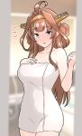  1girl ahoge blurry blurry_background breasts brown_hair cleavage closed_mouth collarbone cowboy_shot double_bun furaggu_(frag_0416) grey_eyes hair_bun headgear highres indoors kantai_collection kongou_(kancolle) kongou_kai_ni_(kancolle) large_breasts long_hair looking_at_viewer naked_towel solo standing surprised towel 