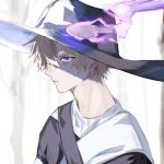  1boy abstract_background amn_ic01 black_hat blonde_hair closed_mouth expressionless fire hair_between_eyes hat heterochromia highres looking_at_viewer male_focus purple_eyes purple_fire shirt short_hair sinsekai_studio solo tobia_(sinsekai) tree upper_body virtual_youtuber white_background white_eyes white_shirt wide_brim 