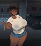  1girl beckoning bikini bikini_under_clothes black_hair black_nails blue_shorts blurry blurry_background breasts brown_lips car come_hither curvy dark-skinned_female dark_skin dolphin_shorts earrings english_commentary green_eyes hand_on_own_hip highres huge_breasts iri_(sandcasks) jewelry looking_at_viewer motor_vehicle nail_polish original parking_lot sandcasks seductive_smile see-through see-through_shirt shirt short_hair short_shorts shorts smile solo swimsuit t-shirt thick_thighs thighs very_dark_skin white_shirt 