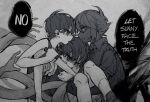  3boys collared_shirt english_text greyscale holding holding_knife knife kyannu looking_at_another monochrome multiple_boys omori omori_(omori) open_mouth shirt short_hair speech_bubble spoilers stranger_(omori) sunny_(omori) tank_top 