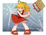  1girl absurdres bare_shoulders blonde_hair broom collarbone dress full_body high_ponytail highres holding holding_broom looking_at_viewer mega_man_(classic) mega_man_(series) red_dress red_footwear roll_(mega_man) sharp_teeth smirk solo teeth wakimae62 