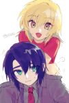  1boy 1girl athrun_zala blonde_hair blue_hair cagalli_yula_athha couple green_eyes grey_shirt gundam gundam_seed gundam_seed_destiny gundam_seed_freedom hetero highres jacket leaning_on_person necktie open_mouth red_necktie red_shirt s110d shirt short_hair sweatdrop yellow_eyes 