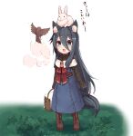  1girl absurdres animal_ear_fluff animal_ears animal_on_head bird black_hair blue_eyes boots brown_footwear cat_ears cat_girl check_translation cross-laced_footwear fang fuurin_(tukimitake) grass highres lace-up_boots leather leather_boots long_hair lorna_(fuurin) on_head open_mouth original outdoors picnic_basket rabbit rabbit_on_head skin_fang translation_request very_long_hair 