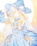  1girl blue_dress cup dress hat highres holding holding_cup long_hair myolol original smile solo white_hair witch_hat yellow_eyes 