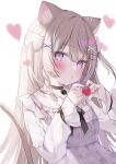  1girl :o animal_ears black_bow blush bow braid brown_hair cat_ears cat_girl cat_hair_ornament cat_tail collar collared_shirt commentary_request frilled_shirt_collar frilled_sleeves frills hair_ornament hairclip hakua_aa heart heart_hands highres indie_virtual_youtuber long_hair long_sleeves minaneko_mai nail_polish parted_lips pink_nails plaid plaid_vest purple_eyes purple_vest shirt simple_background single_braid solo tail two_side_up upper_body vest virtual_youtuber white_background white_shirt x_hair_ornament 