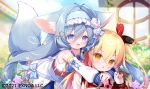  2girls :d angelic_link animal_ear_fluff animal_ears belt belt_buckle blonde_hair blue_bow blue_hairband blue_sailor_collar blurry blurry_background bow brown_belt brown_eyes buckle building character_request copyright_notice day depth_of_field detached_sleeves dress flower grey_eyes grey_hair hair_between_eyes hair_ornament hair_ribbon hairband hug hug_from_behind long_sleeves multiple_girls official_art one_side_up outdoors puffy_long_sleeves puffy_sleeves ribbon rose sailor_collar sailor_dress sleeveless sleeveless_dress sleeves_past_wrists smile star_(symbol) star_hair_ornament stheno_(angelic_link) tail usashiro_mani white_dress white_flower white_rose white_sleeves window yellow_ribbon 