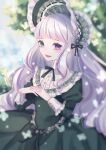  1girl absurdres akikawa_higurashi blurry blurry_background blush bonnet dress green_eyes heterochromia highres juliet_sleeves long_hair long_sleeves looking_at_viewer neck_ribbon open_mouth original own_hands_together puffy_sleeves purple_eyes ribbon smile solo very_long_hair white_hair 