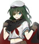  1girl black_cape blue_eyes brown_gloves cape eyepatch gloves green_hair hat kantai_collection kiso_(kancolle) kiso_kai_ni_(kancolle) long_hair looking_at_viewer neckerchief open_mouth red_cape red_neckerchief sailor_collar school_uniform serafuku short_sleeves simple_background solo sugimoto_(niboshiumai) white_background 