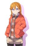  1girl barkhorn0331 black_pantyhose blush brown_shirt brown_shorts closed_mouth collared_shirt commentary_request fur-trimmed_jacket fur_trim hair_between_eyes hands_in_pockets highres jacket looking_at_viewer love_live! love_live!_superstar!! medium_hair orange_hair orange_jacket pantyhose plaid plaid_shirt purple_eyes shibuya_kanon shirt shorts solo standing upper_body white_background 