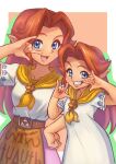  2girls blue_eyes breasts cremia dress highres large_breasts leather_belt looking_at_viewer multiple_girls orange_hair pointy_ears romani_(zelda) siblings sisters smile takapon-o-ji the_legend_of_zelda the_legend_of_zelda:_majora&#039;s_mask triforce white_dress 