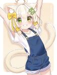  1girl ahoge animal_ear_fluff animal_ears arms_up blonde_hair blush bow cat_ears cat_girl cat_tail denim_overalls fish_hair_ornament grin hair_bow hair_ornament hairclip hazakura_hinata heterochromia highres original overall_shorts overalls ribbon shirt short_hair short_sleeves smile solo tail white_shirt yellow_ribbon 