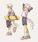  1boy :3 animal_ears arms_behind_head blue_eyes cat_boy cat_ears cat_tail chewing_gum closed_mouth english_commentary from_side holding holding_skateboard hunter_x_hunter killua_zoldyck layered_sleeves long_sleeves looking_at_viewer male_focus multiple_views pottetto shirt shoes short_hair short_over_long_sleeves short_sleeves shorts signature simple_background skateboard smile sneakers socks spiked_hair standing tail walking white_background white_hair white_shirt white_socks 
