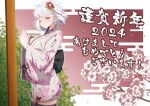  1girl 2024 ;) absurdres black_eyes blush breasts cherry_blossoms cleavage closed_mouth commentary_request floral_print highres japanese_clothes kawaruhi kimono large_breasts one_eye_closed original print_kimono short_hair smile solo translation_request white_hair white_kimono 