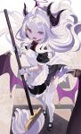  absurdres ahoge alternate_costume black_horns black_wings blue_archive broom commentary_request demon_wings enmaided falken_(yutozin) garter_straps halo highres hina_(blue_archive) holding holding_broom horns low_wings maid open_mouth purple_eyes purple_halo standing thighhighs white_garter_straps white_thighhighs wings 