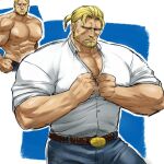  1boy bara beard cowboy_shot denim facial_hair full_beard guile huge_pectorals jeans male_focus mature_male multicolored_hair multiple_views muscular muscular_male official_alternate_hairstyle pants pectoral_cleavage pectorals sleeves_rolled_up standing street_fighter street_fighter_6 thick_arms thick_eyebrows topless_male two-tone_hair undressing zoku_bu 