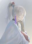  1boy androgynous archer_(fate/samurai_remnant) arm_guards chinese_clothes chinese_hairpin fate/samurai_remnant fate_(series) grey_hair hair_ornament hanfu high_ponytail keclpshvli long_hair male_focus multicolored_hair ponytail simple_background smile solo streaked_hair tassel tassel_hair_ornament yellow_eyes 