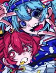  2girls black_eyes blue_dress clenched_teeth coin confetti double_v dress drill_hair hatsune_miku highres holed_coin kasane_teto mesmerizer_(vocaloid) multiple_girls open_mouth pink_eyes pink_hair poa_poa05 sharp_teeth shirt short_sleeves smile sparkling_eyes striped_clothes striped_shirt sweat teeth tongue tongue_out twin_drills utau v vocaloid 