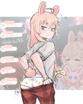  1girl absurdres adjusting_clothes ahoge animal_ears ass bow braid braided_ponytail carrot_print food_print hair_bow highres long_hair looking_at_viewer looking_back panties pants phase_connect pink_bow pink_eyes pipkin_pippa rabbit_ears rabbit_girl rabbit_tail red_pants shirt tail underwear virtual_youtuber white_panties white_shirt zlix0n 