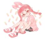  1girl animal_ear_hairband animal_ears animal_print bike_shorts braid carrot_background closed_mouth commentary fake_animal_ears food-themed_background full_body hairband highres inkling inkling_girl inkling_player_character long_hair looking_at_viewer pink_hairband pink_shirt print_shirt rabbit_ears rabbit_print red_eyes red_hair remoneeed_22 sandals shirt short_eyebrows single_braid sitting smile socks solo splatoon_(series) splatoon_3 symbol-only_commentary tentacle_hair thick_eyebrows white_background white_socks 