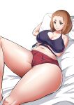  1girl absurdres bed breasts brown_eyes brown_hair collarbone highres kaii_to_otome_to_kamikakushi large_breasts looking_at_viewer lying madsdross mole mole_under_eye ogawa_sumireko on_back short_eyebrows short_shorts shorts sidelocks solo tagme thick_thighs thighhighs thighs white_background 
